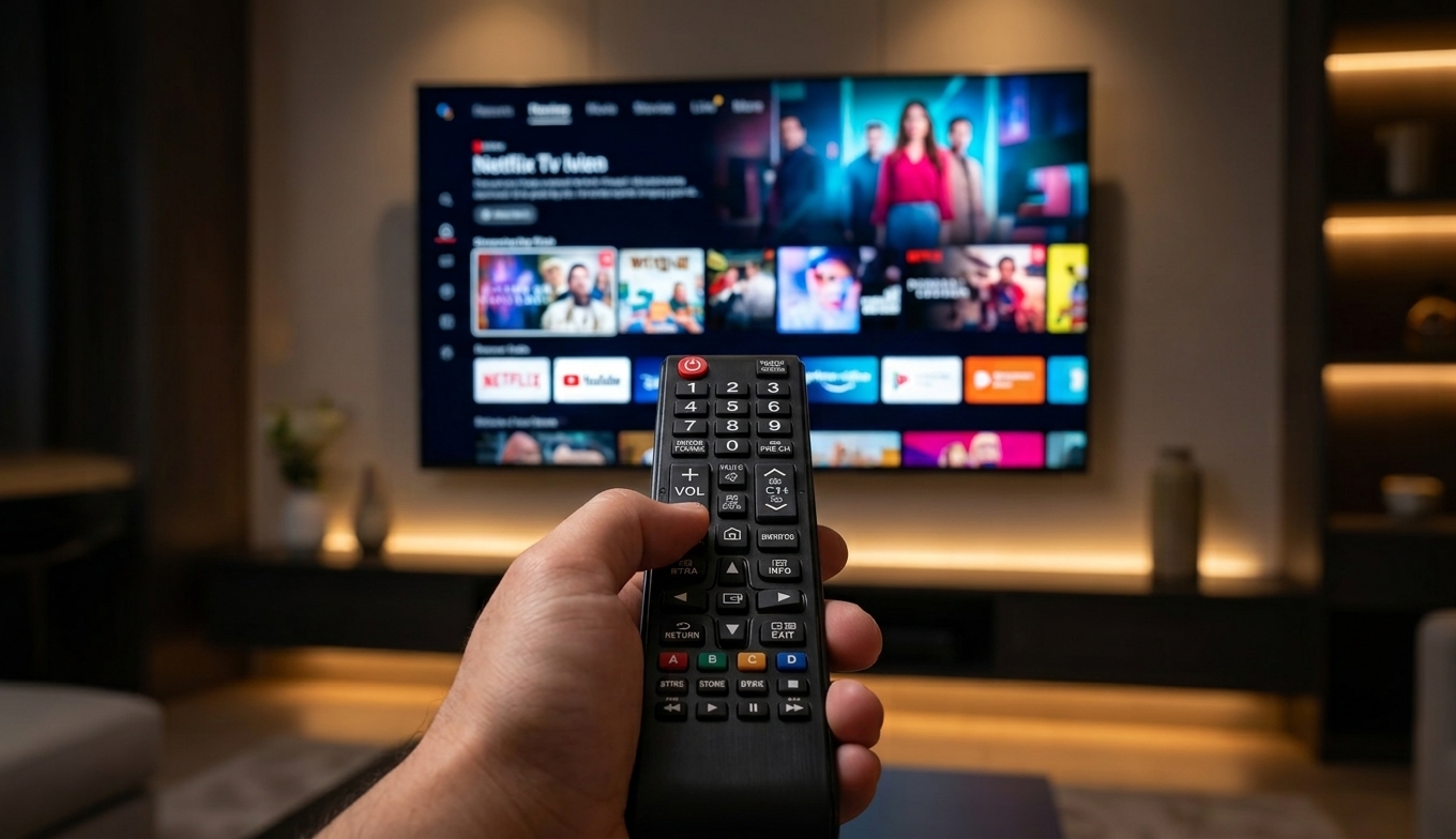 Persona usando un control remoto universal frente a un Smart TV en Tucumán